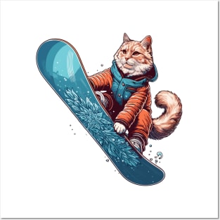 Maine Coon Cat Snowboarder Posters and Art